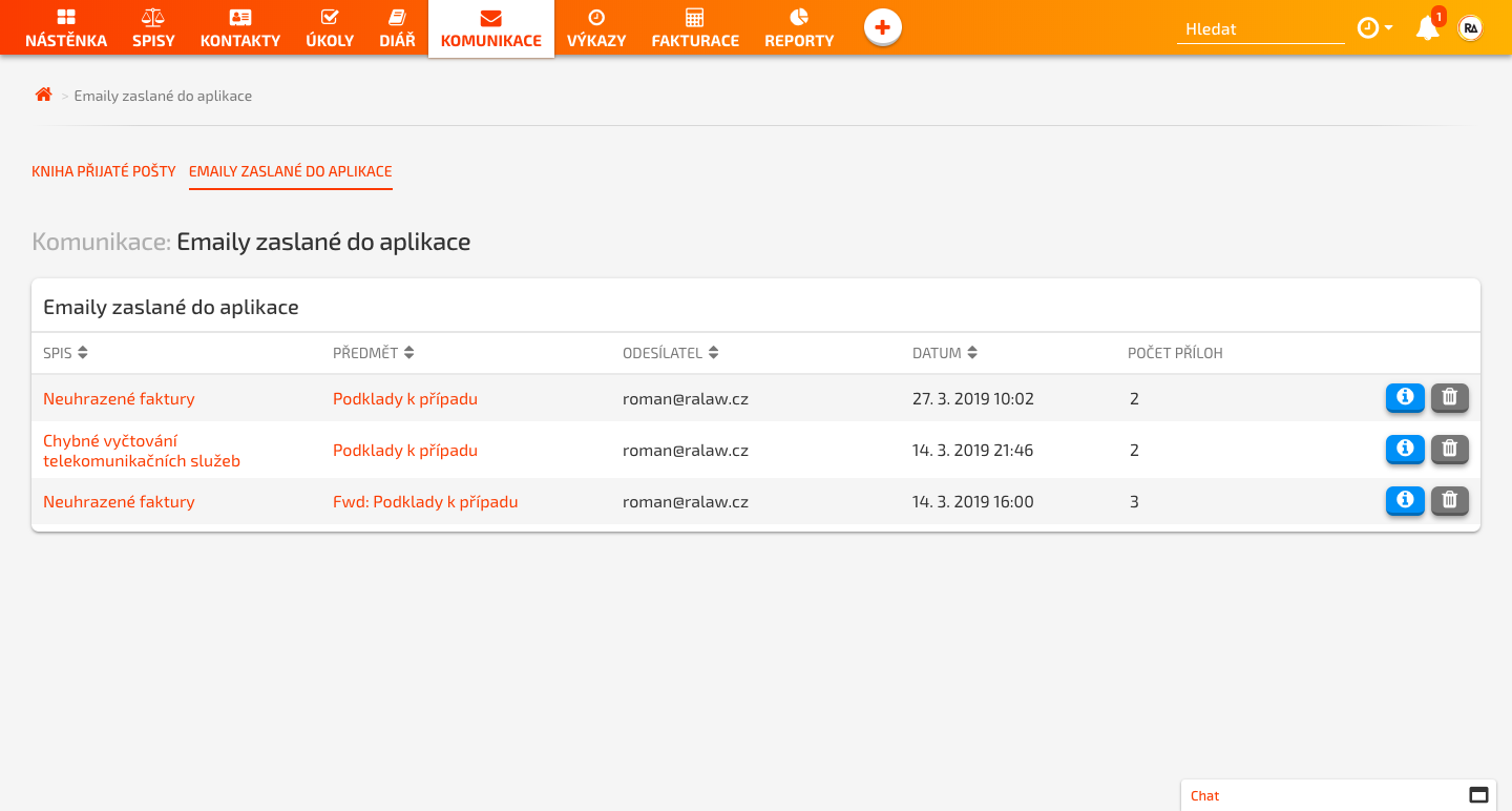 E-maily zaslané do aplikace