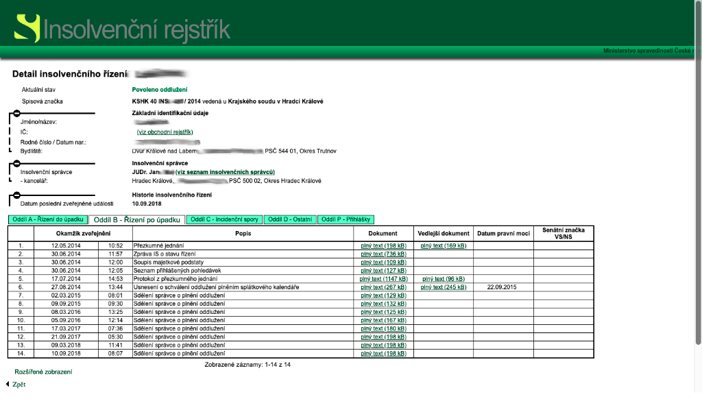 Ruční ověření ISIR - Internet, detail